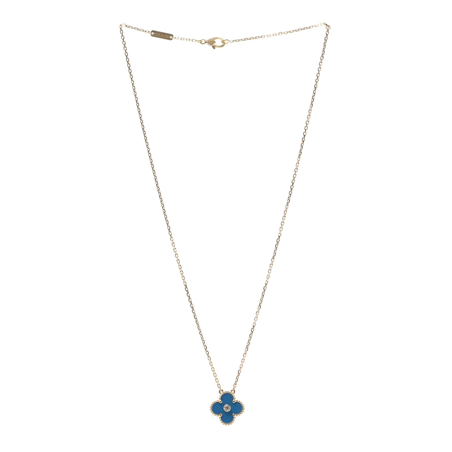 18K Yellow Gold Diamond Celestial Blue Sevres Porcelain Vintage Alhambra Pendant Necklace
