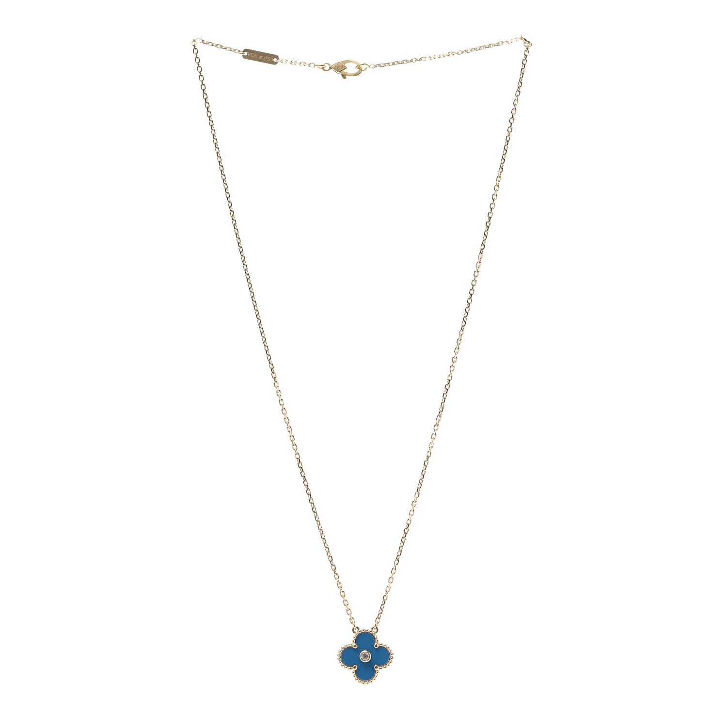Van Cleef & Arpels 18K Yellow Gold Diamond Celestial Blue Sevres Porcelain Vintage Alhambra Pendant Necklace 3 of 5