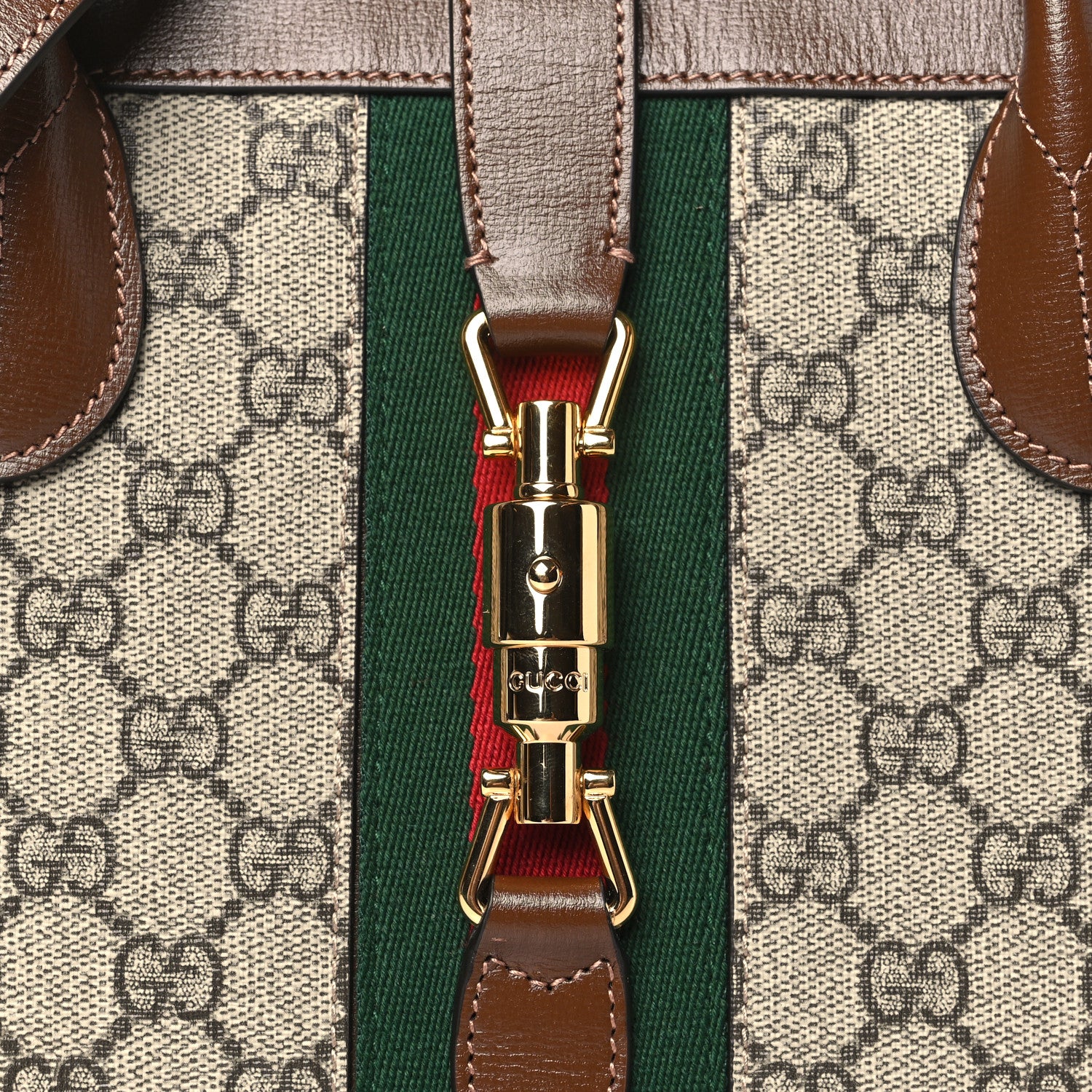 Gucci GG Supreme Monogram Azalea Calfskin Web Medium Jackie 1961 Tote Beige Ebony Brown Sugar 8 of 10