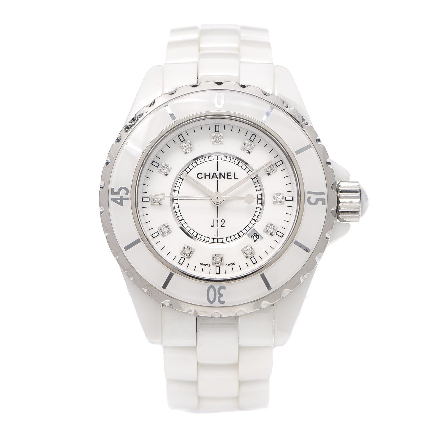 Chanel Stainless Steel Ceramic Diamond 33mm J12 Quartz Watch White 1 of 6