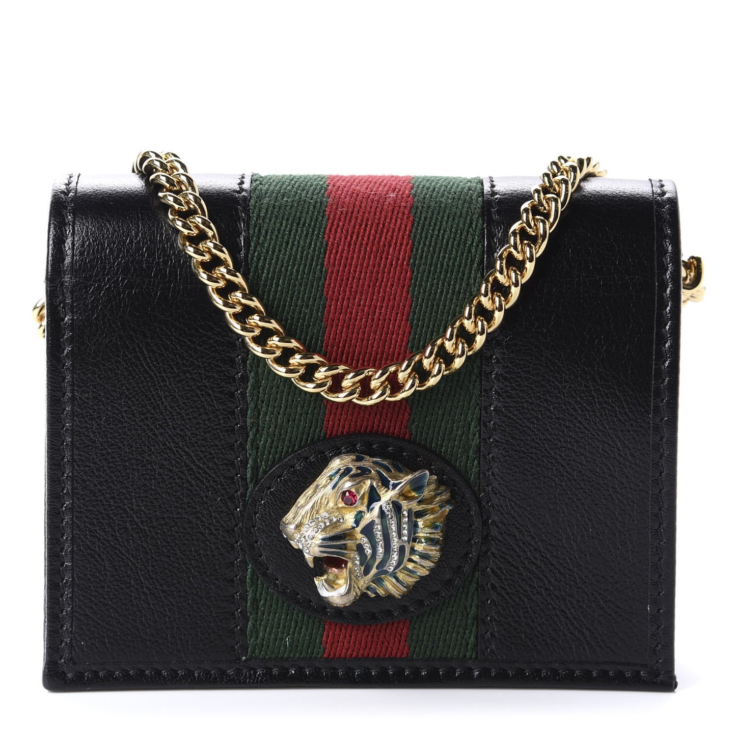 Calfskin Web Rajah Chain Card Case Wallet Black