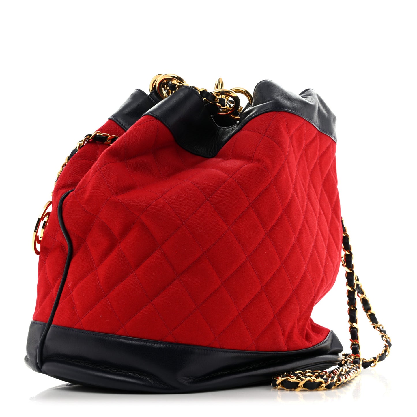 Canvas Lambskin Quilted CC Drawstring Shoulder Bag Red Navy