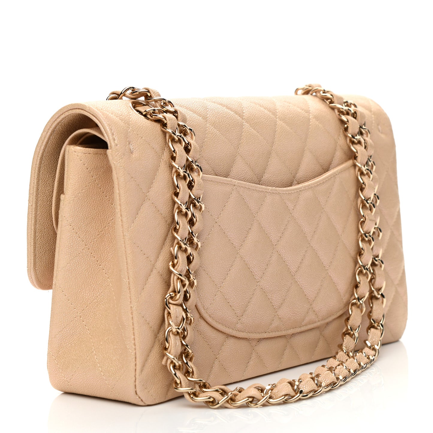 Iridescent Caviar Quilted Medium Double Flap Beige