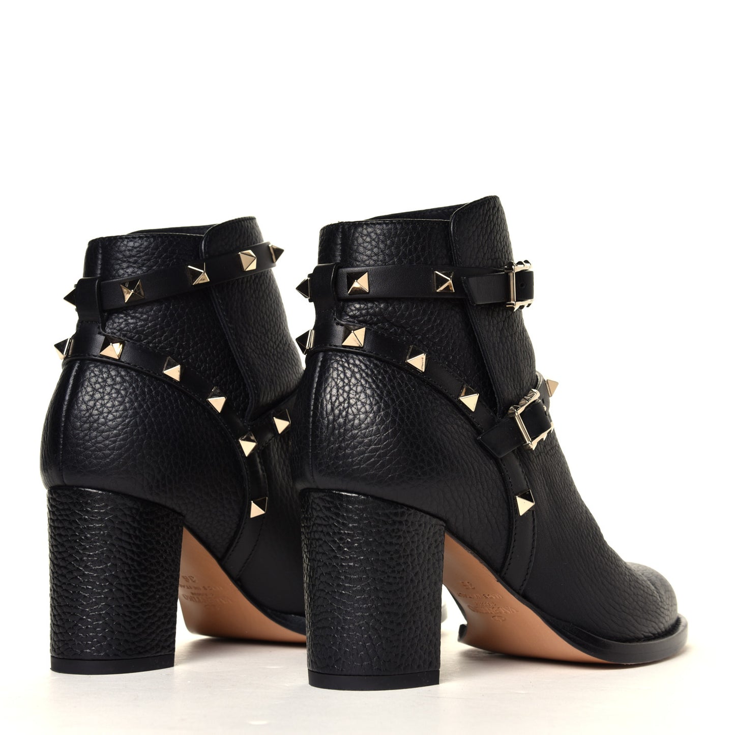 Pebbled Calfskin Rockstud Double Buckle 70mm Block Heel Ankle Boots 36 Black