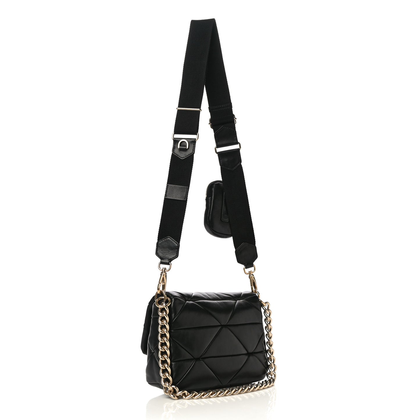 Nappa Re-Nylon Triangle Quilted Patchwork System Flap Shoulder Bag Black
