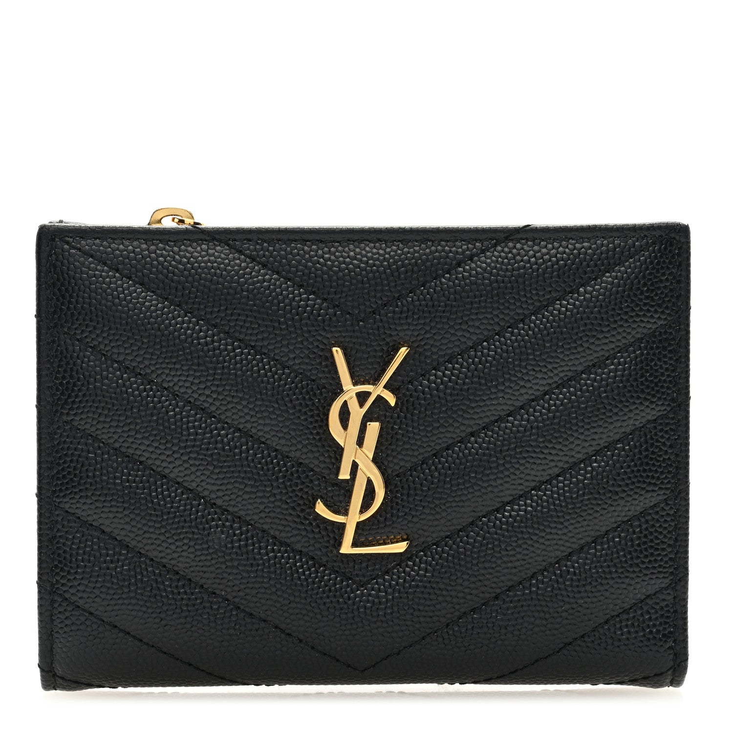 Saint Laurent Grain De Poudre Matelasse Chevron Monogram Zipped Two-Part Wallet Black 1 of 6