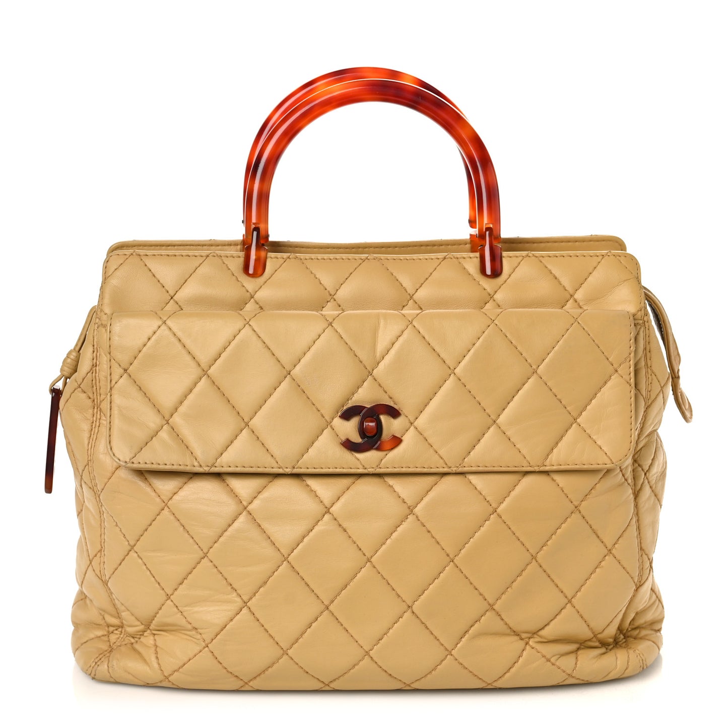 Lambskin CC Tortoise Handle Tote Beige