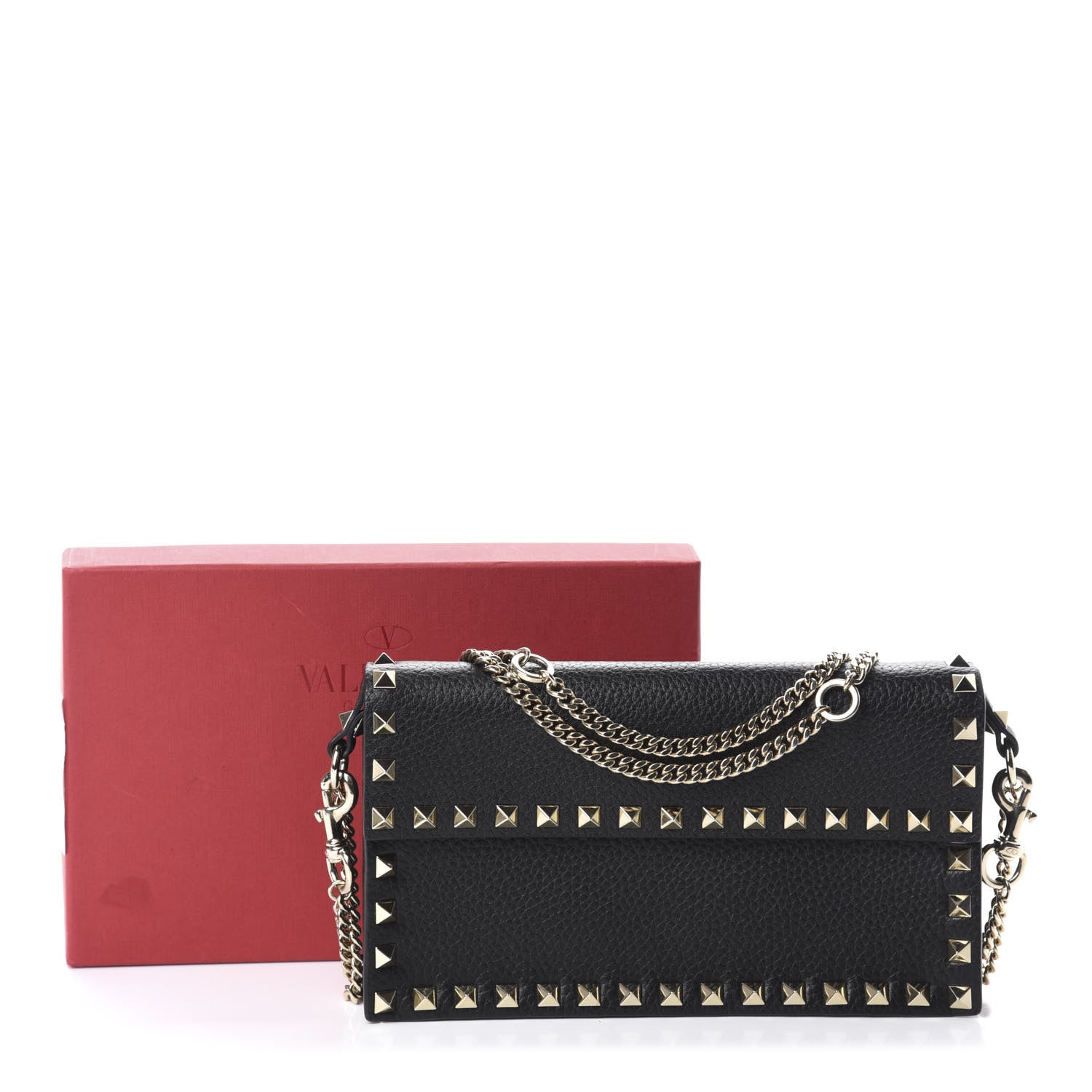 Valentino Garavani Pebbled Calfskin Rockstud Flap Wallet On Chain Black 10 of 10