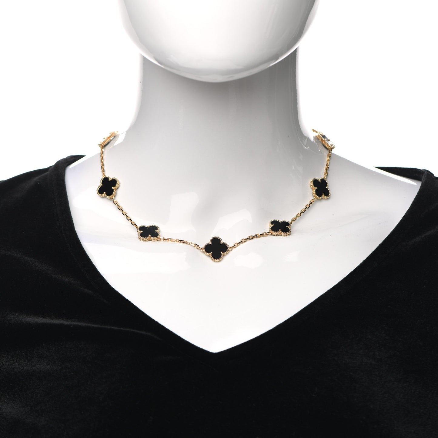 18K Yellow Gold Black Onyx 10 Motifs Vintage Alhambra Necklace