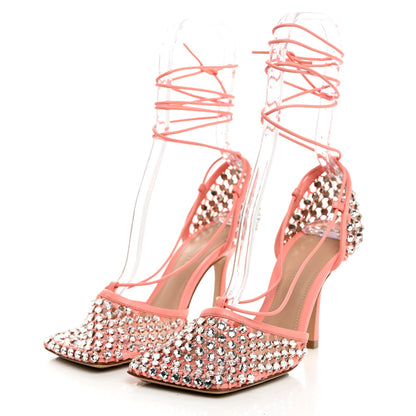 Bottega Veneta Mesh Nappa Crystal Embellished Sparkle Stretch Ankle Tie 90mm Sandals 36 Salmon Pink 3 of 7