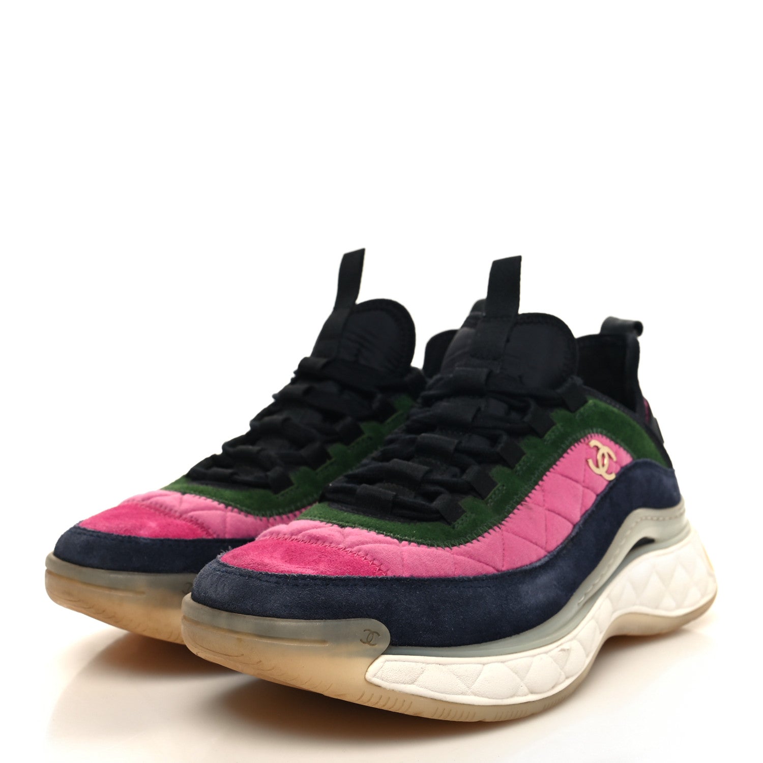 Chanel Velvet Calfskin Mixed Fibers CC Sneakers 39 Dark Pink Green 3 of 8