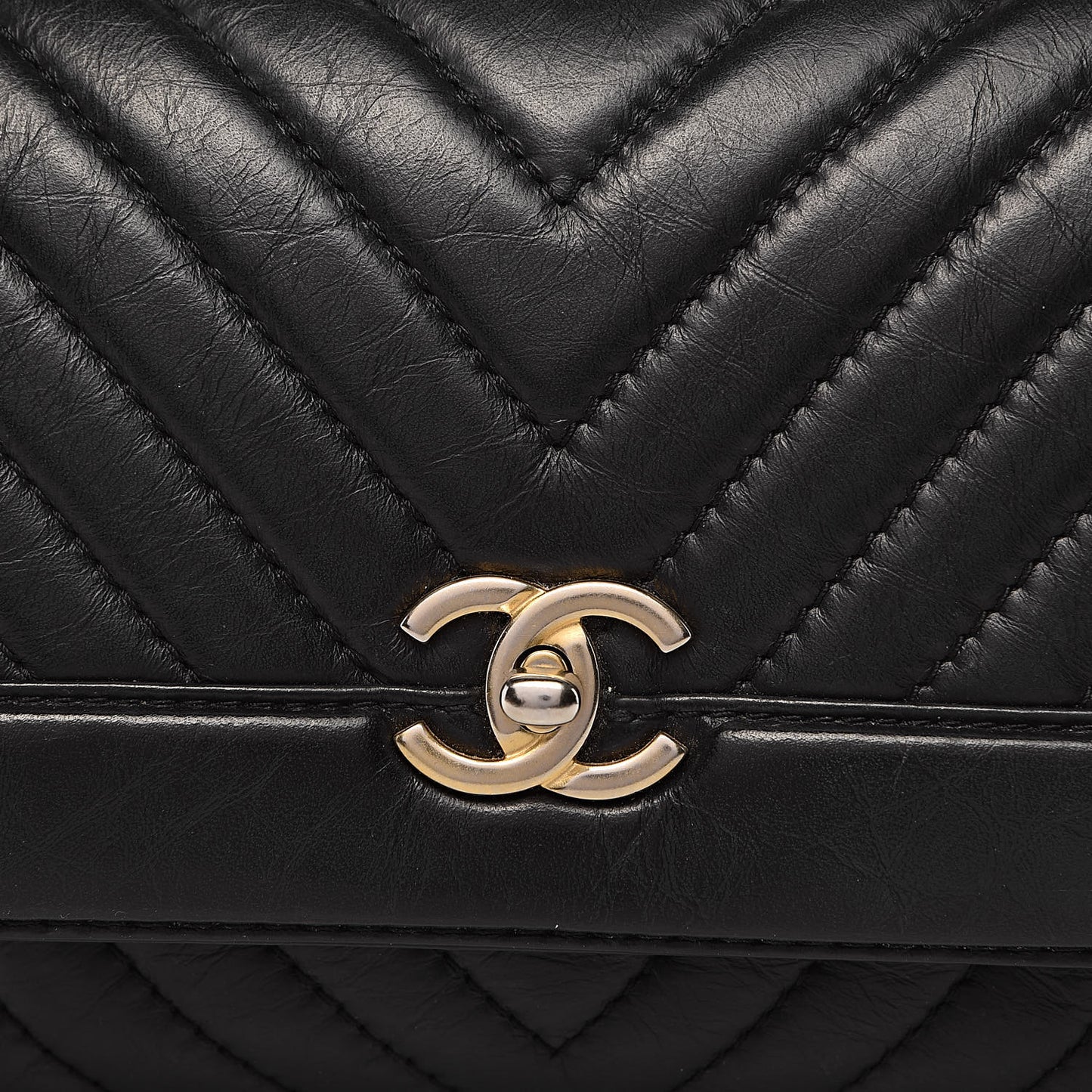 Calfskin Chevron Quilted Top Handle Flap Black