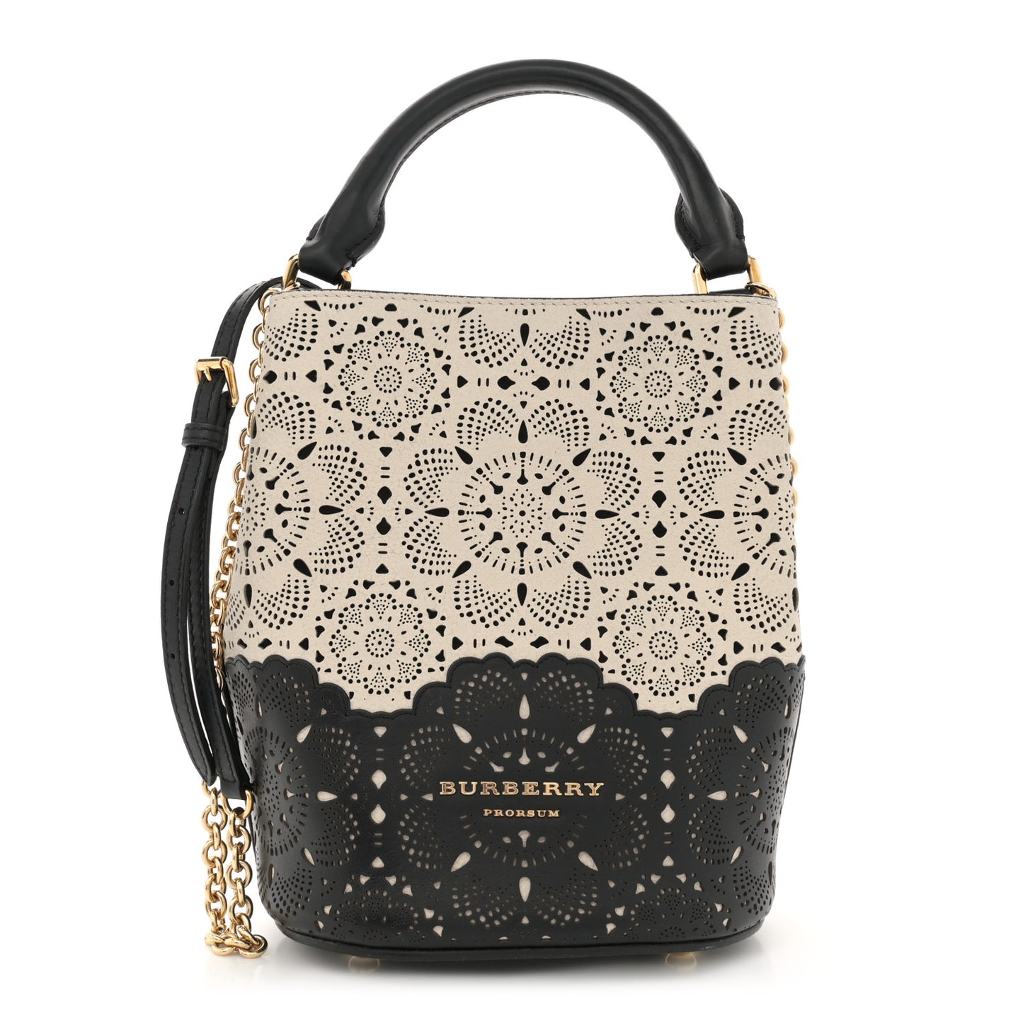 Prorsom Calfskin Laser Cut Lace Orchard Bucket Bag Black White