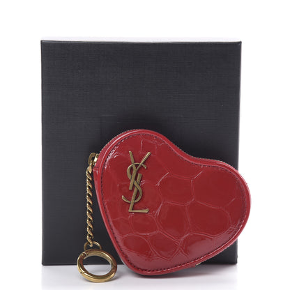 Saint Laurent Patent Crocodile Embossed Monogram Heart Key Pouch Rouge Eros 9 of 9