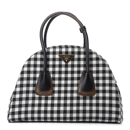 Prada Jacquard Check Vitello Vintage Vichy Bowler Bag White Black 1 of 12