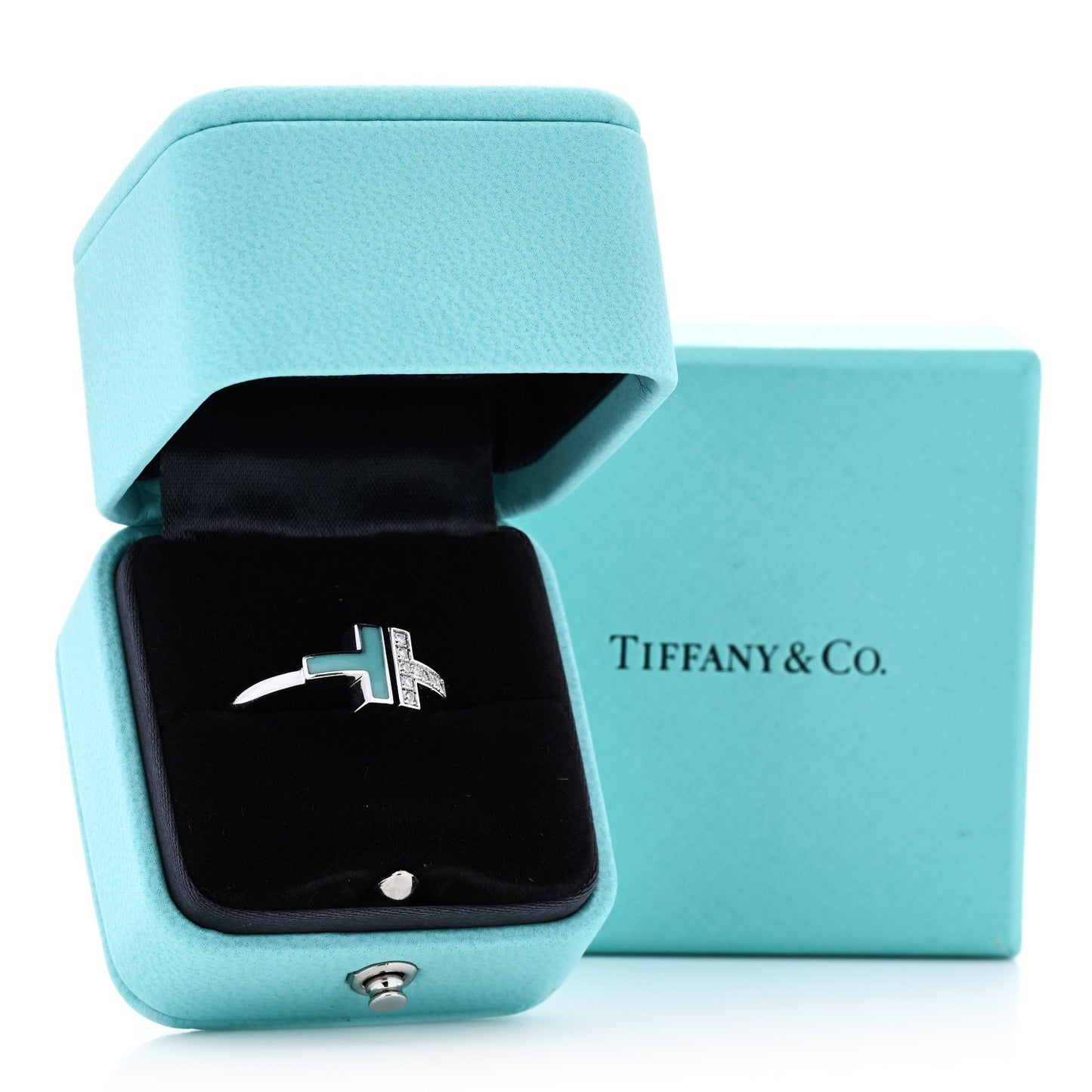 18K White Gold Diamond Turquoise T Wire Ring 56 7.75