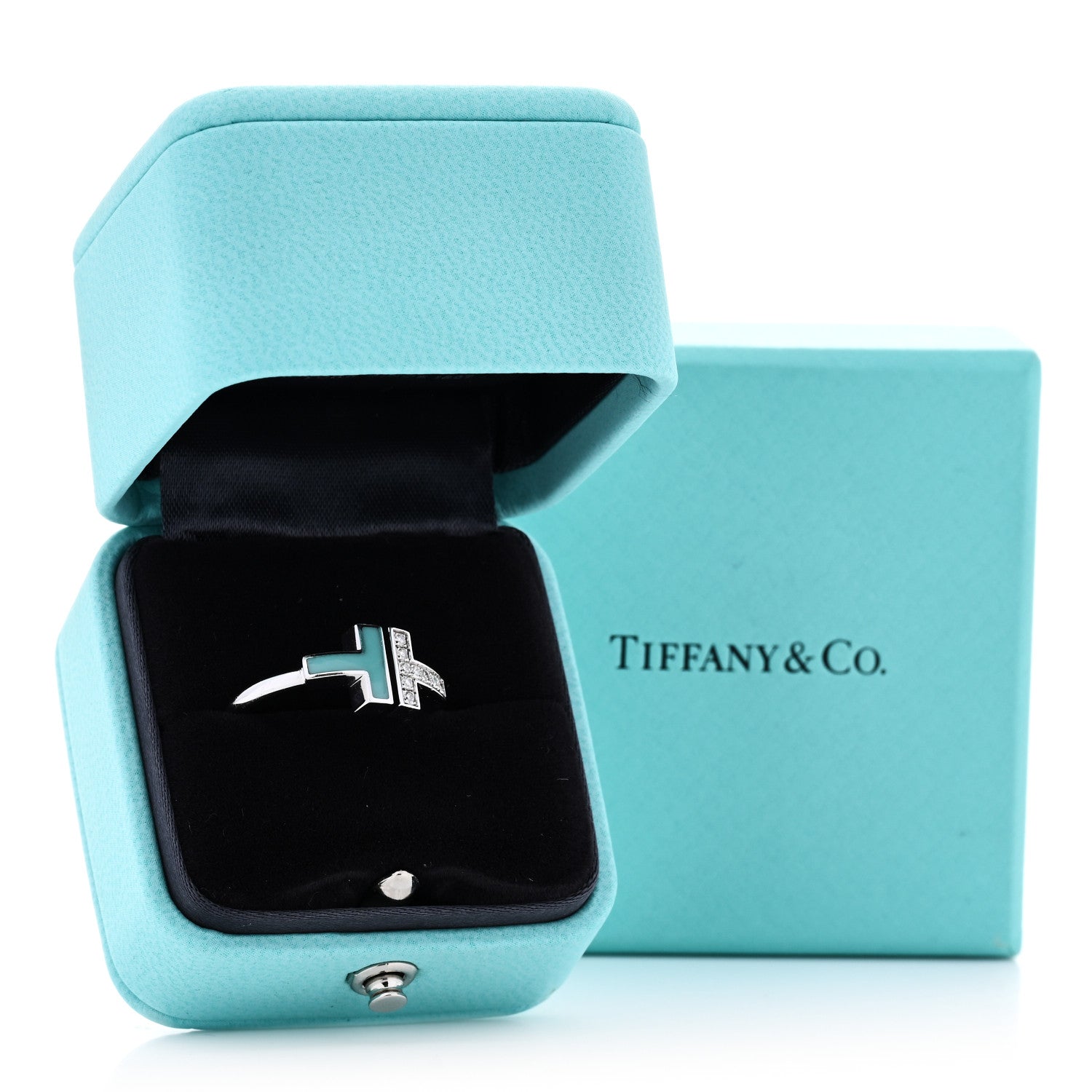 Tiffany 18K White Gold Diamond Turquoise T Wire Ring 56 7.75 5 of 5