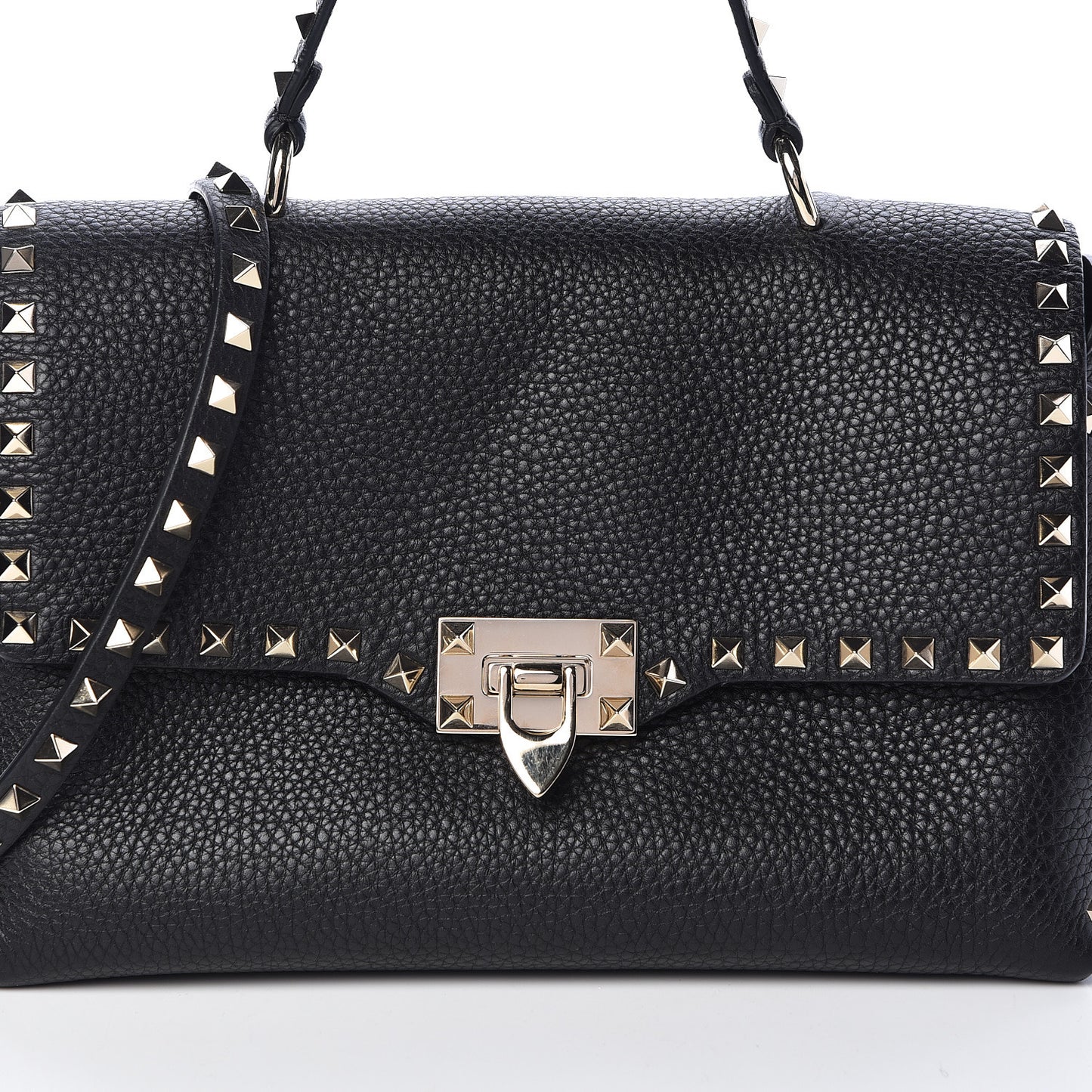 Pebbled Calfskin Rockstud Single Handle Flap Bag Black