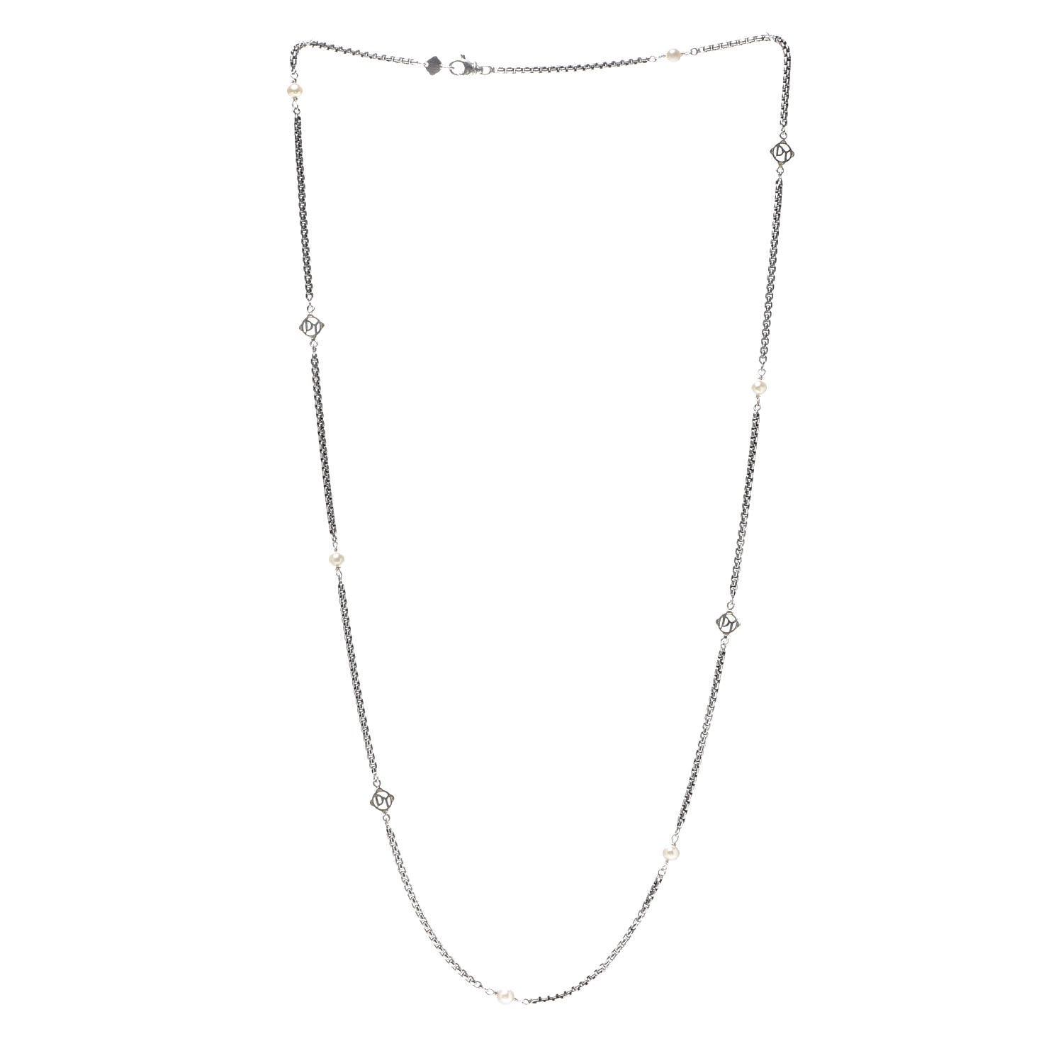 David Yurman Sterling Silver 14K Yellow Gold Pearl Logo Station Necklace 30" 3 of 4
