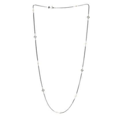 David Yurman Sterling Silver 14K Yellow Gold Pearl Logo Station Necklace 30" 3 of 4