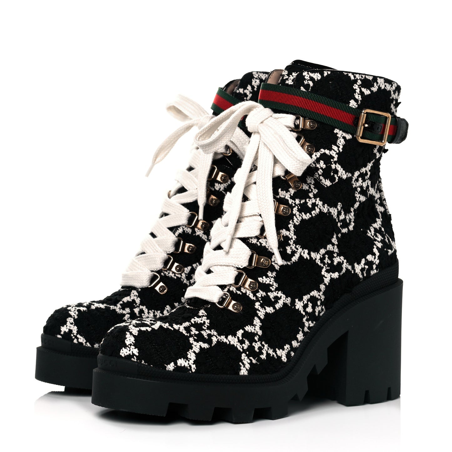 Tweed GG Monogram Lace Up Combat Ankle Boots 42 Black
