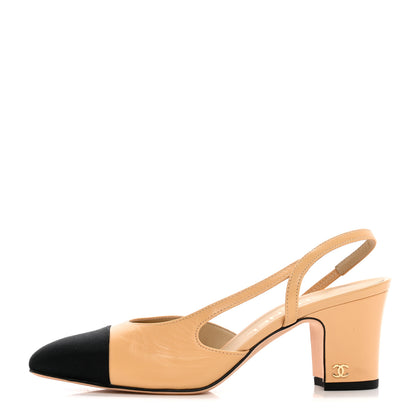 Chanel Goatskin Grosgrain Cap Toe CC Slingback Pumps 36 Beige Black 1 of 9