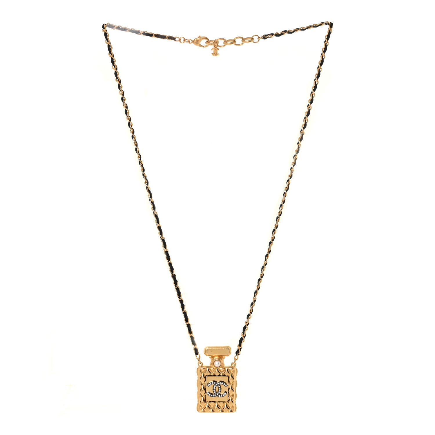 Chanel Crystal Pearl Perfume Bottle CC Necklace Black Gold 3 of 4