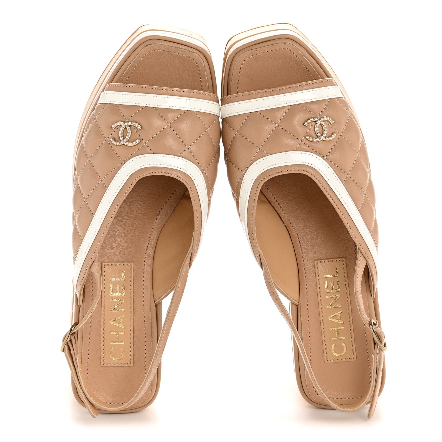 Chanel Lambskin Patent Quilted CC Platform Sandals 36 Beige White