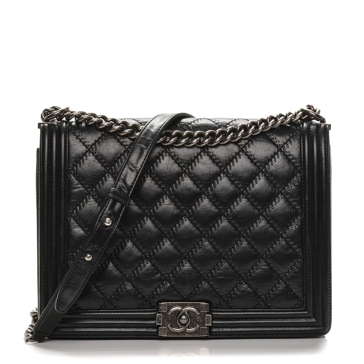 Calfskin Double Stitch Large Boy Flap Black