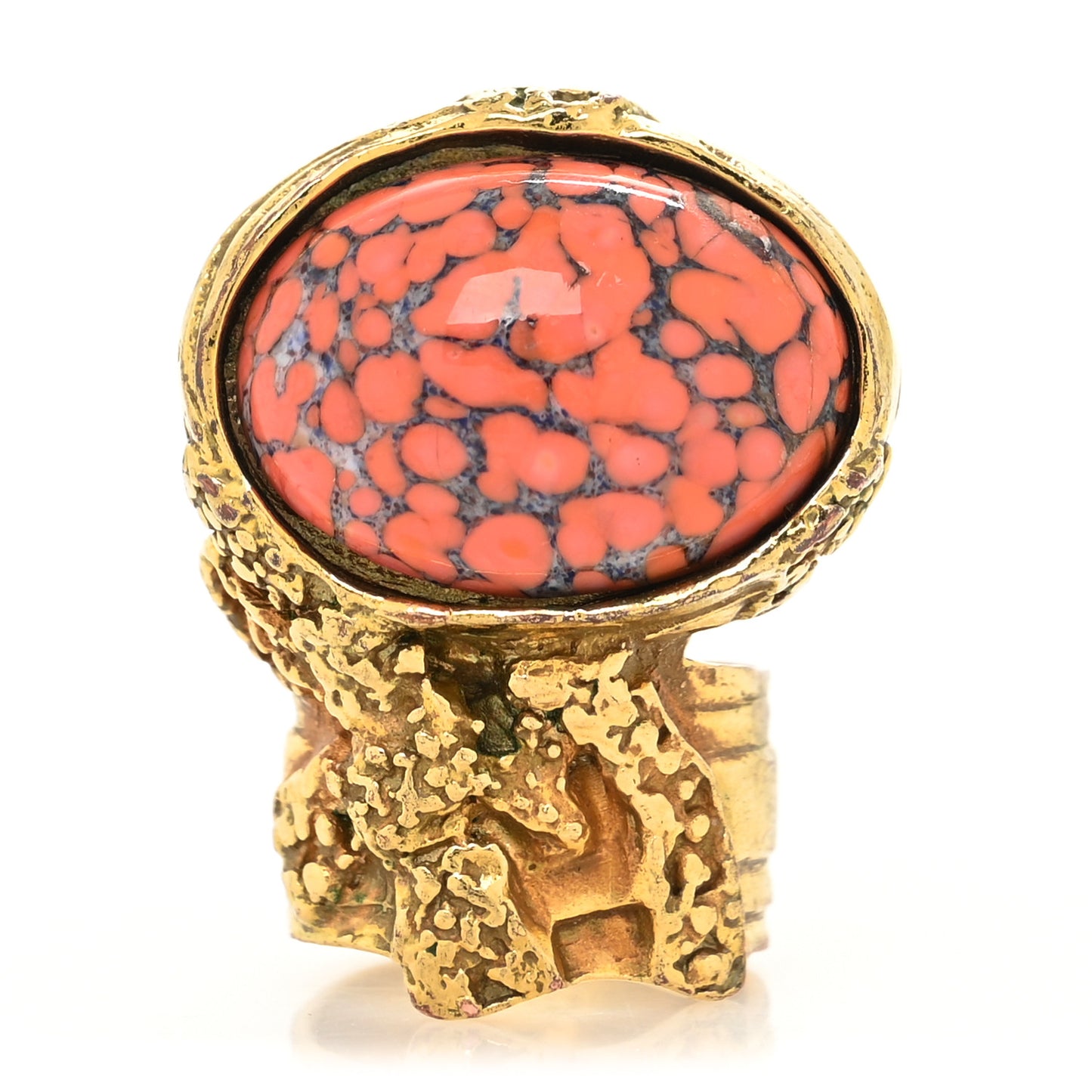 Glass Cabochon Arty Ovale Ring 7 Gold Coral