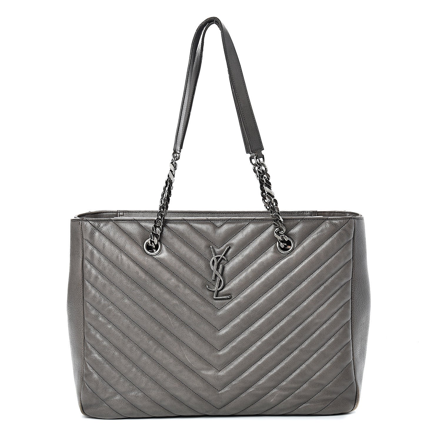 Saint Laurent Sheepskin Matelasse Chevron Large Monogram Shopping Bag Light Coal 1 of 21