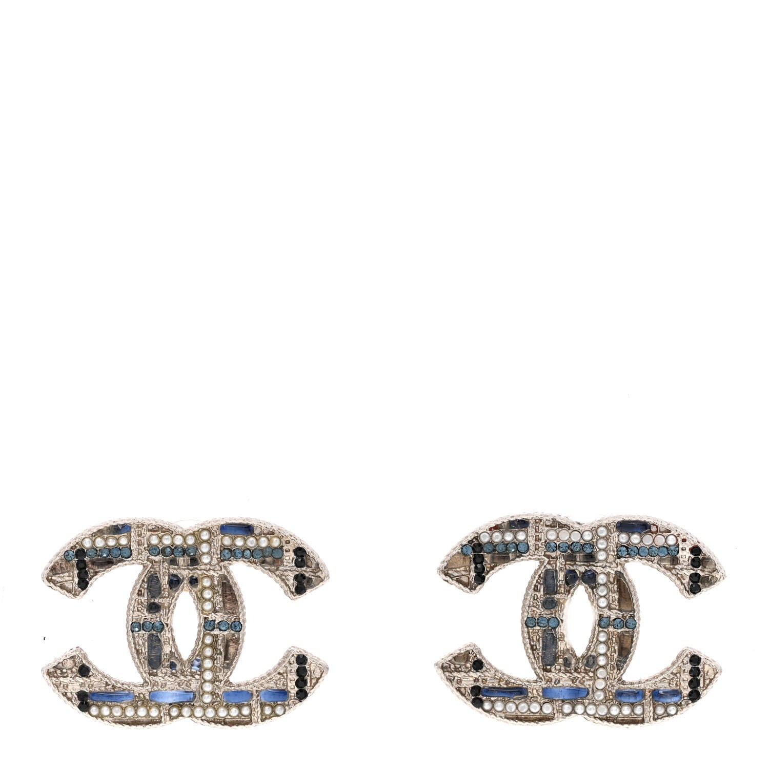 Chanel Tweed Effect CC Earrings Silver Blue Black 1 of 4