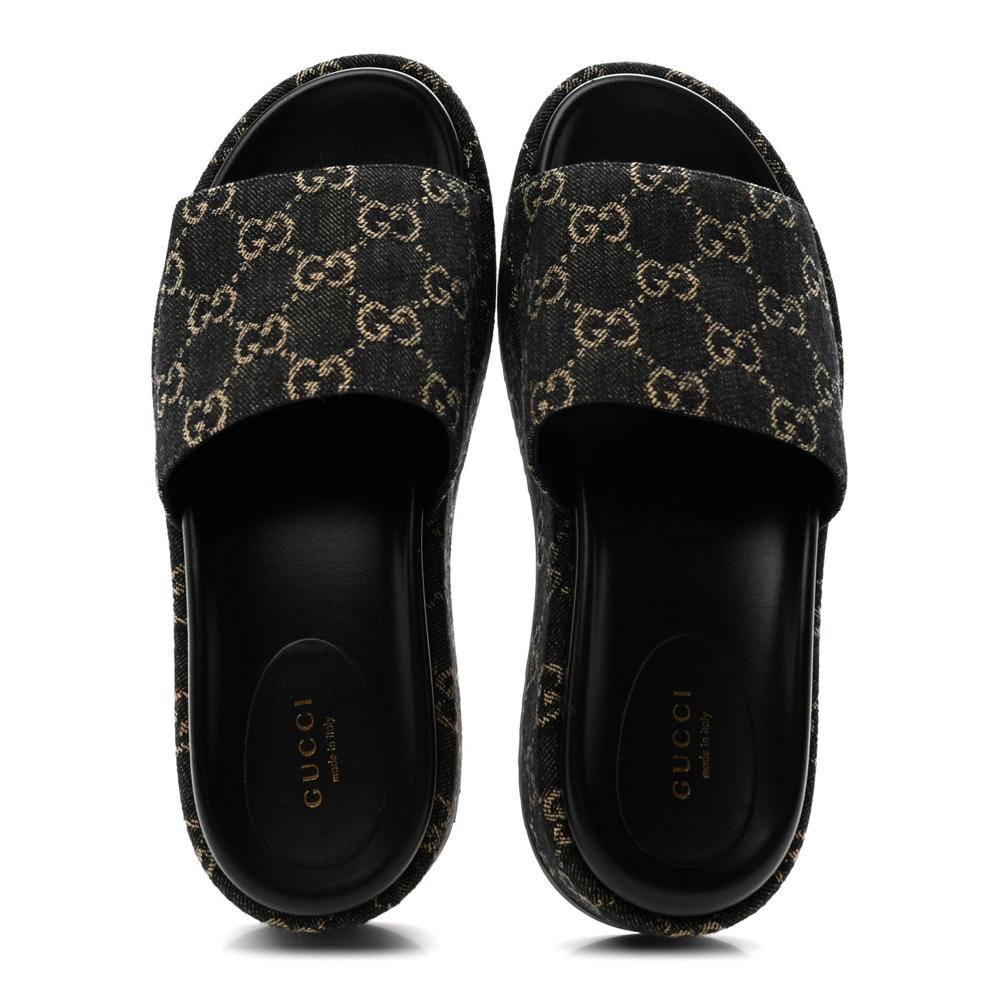 Jacquard Black Denim GG Monogram Angelina Platform 55mm Slide Sandals 38.5 Black Ivory