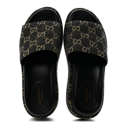 Gucci Jacquard Black Denim GG Monogram Angelina Platform 55mm Slide Sandals 38.5 Black Ivory 2 of 10
