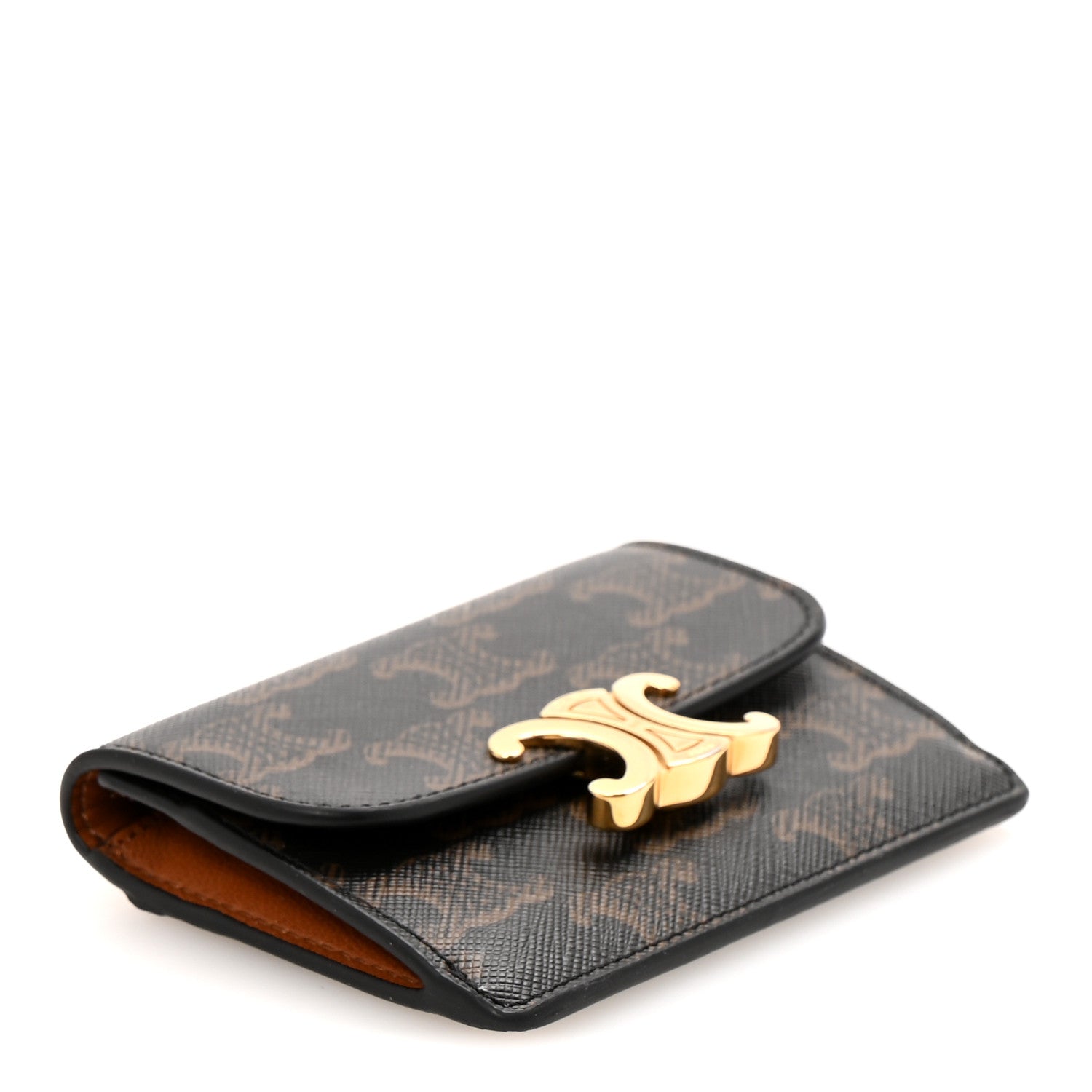 Celine Triomphe Canvas Calfskin Flap Card Holder Tan 4 of 11