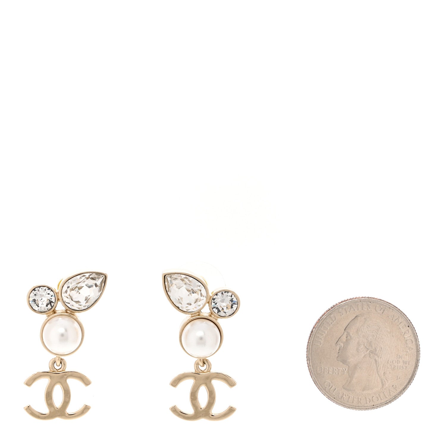 Chanel Pearl Crystal CC Drop Earrings Gold 2 of 5