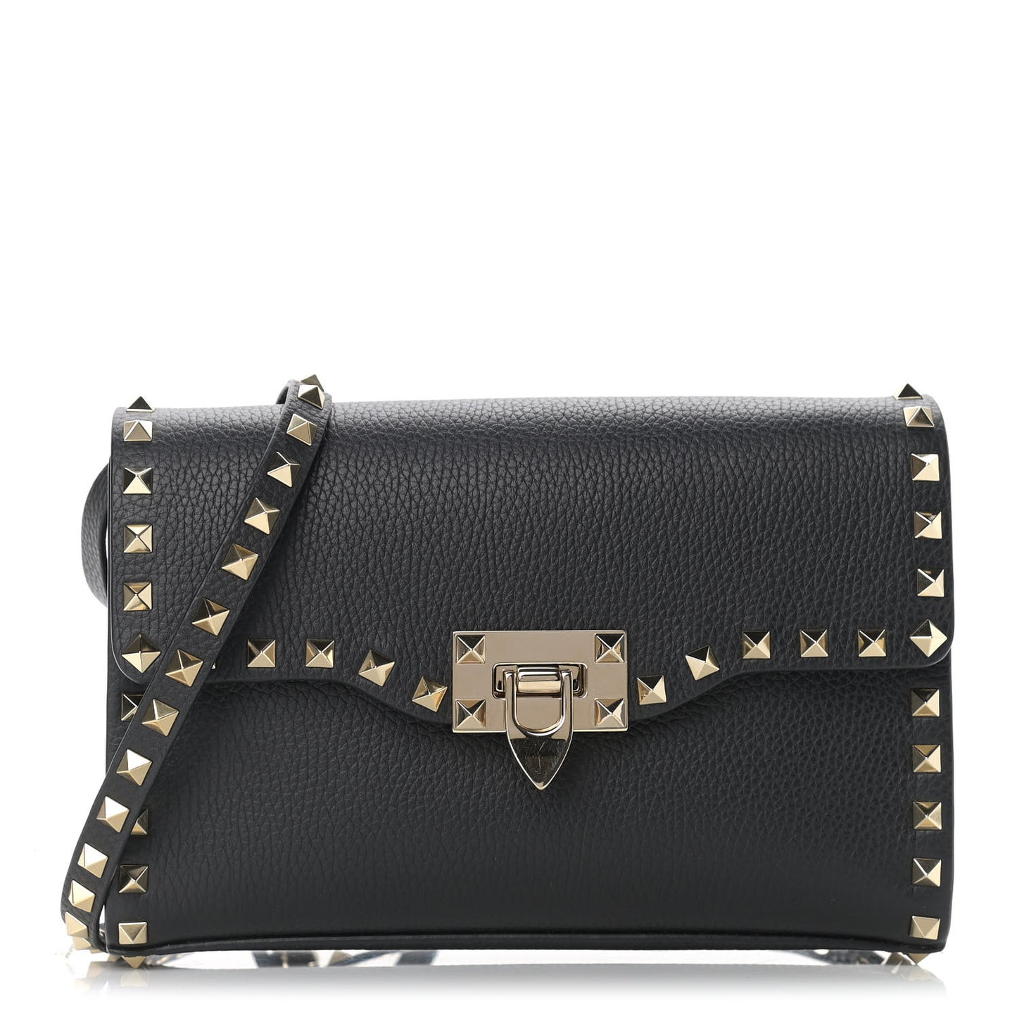 Pebbled Calfskin Medium Rockstud Flip Lock Crossbody Bag Black