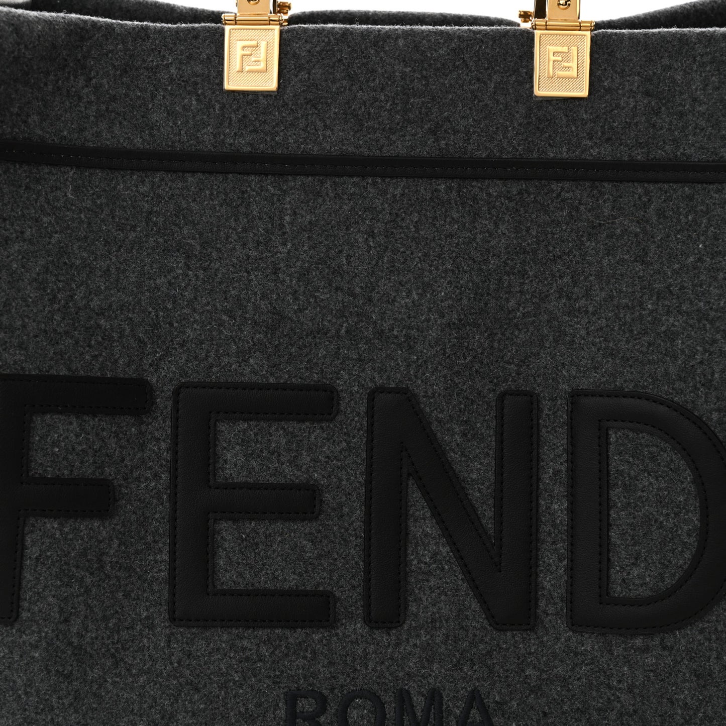 Melange Flannel Plexiglass Satin Logo Embroidered Threaded Edge Large Fendi Sunshine Shopper Tote Grigio Black