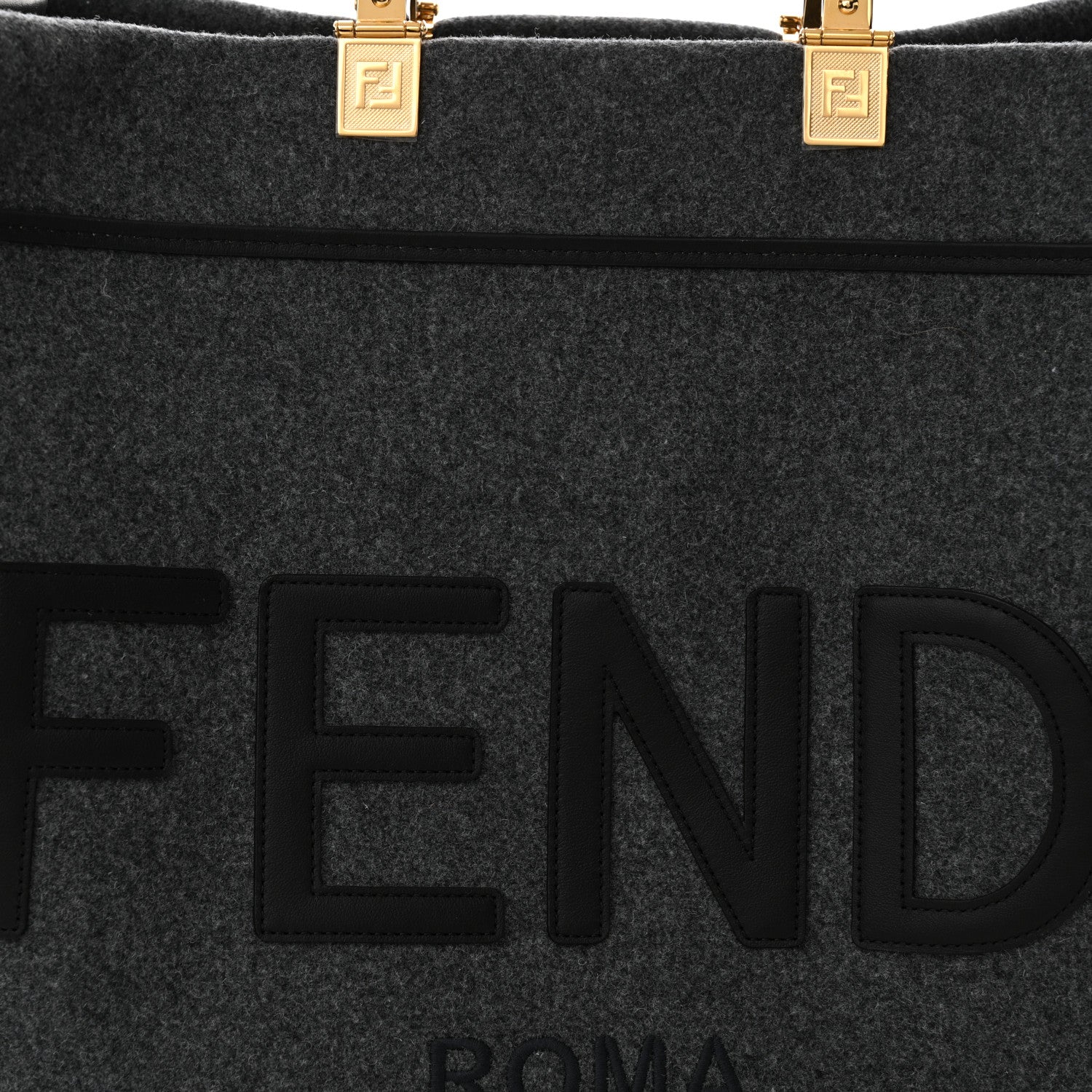 Fendi Melange Flannel Plexiglass Satin Logo Embroidered Threaded Edge Large Fendi Sunshine Shopper Tote Grigio Black 8 of 11