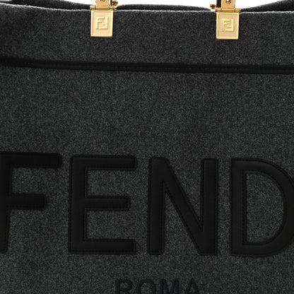 Fendi Melange Flannel Plexiglass Satin Logo Embroidered Threaded Edge Large Fendi Sunshine Shopper Tote Grigio Black 8 of 11