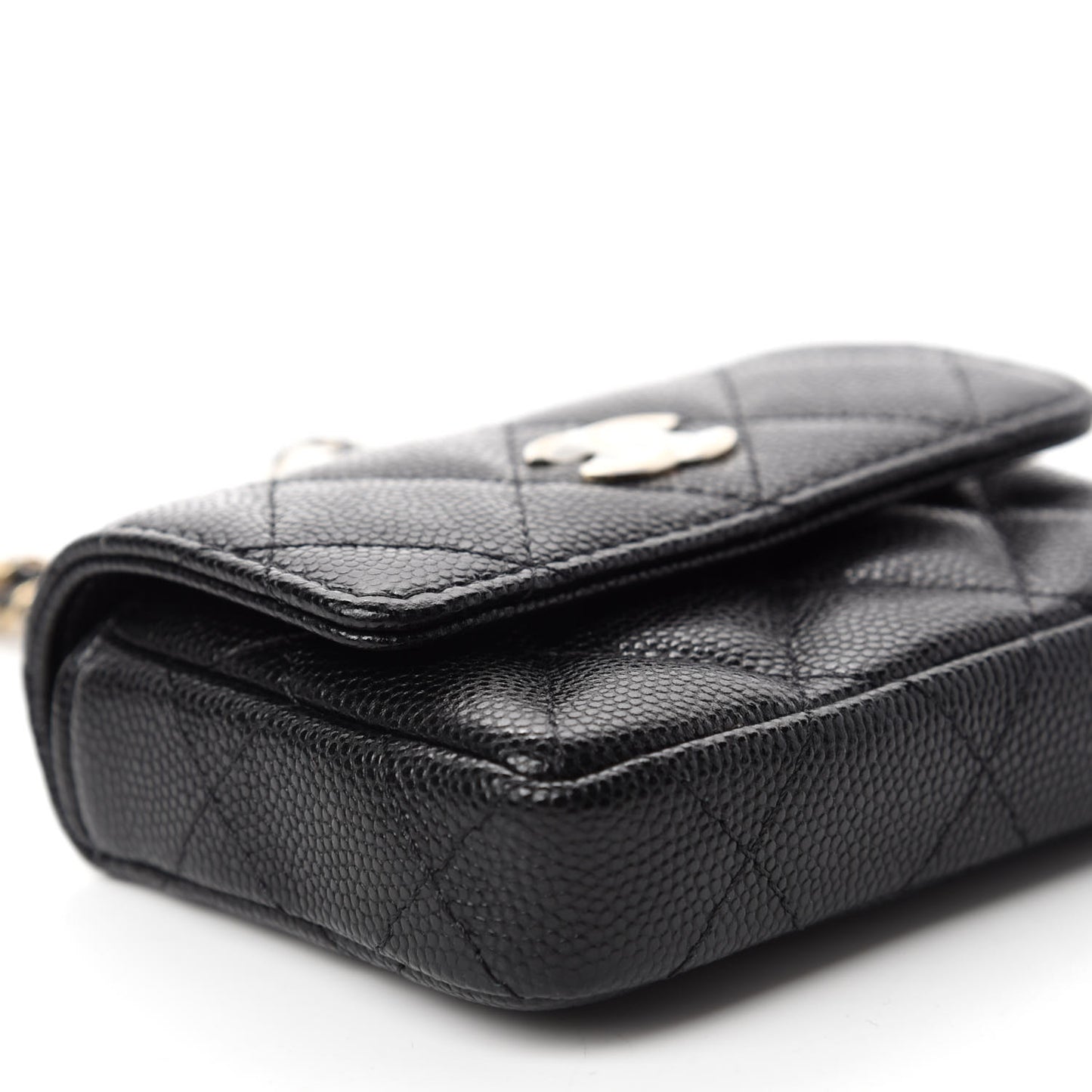 Caviar Quilted Pearl Card Holder On Chain Black