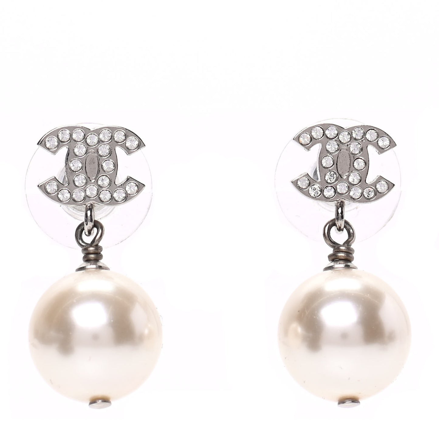 Crystal Pearl CC Drop Earrings Silver