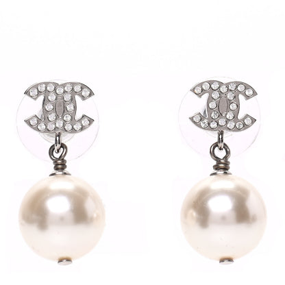 Chanel Crystal Pearl CC Drop Earrings Silver 1 of 5