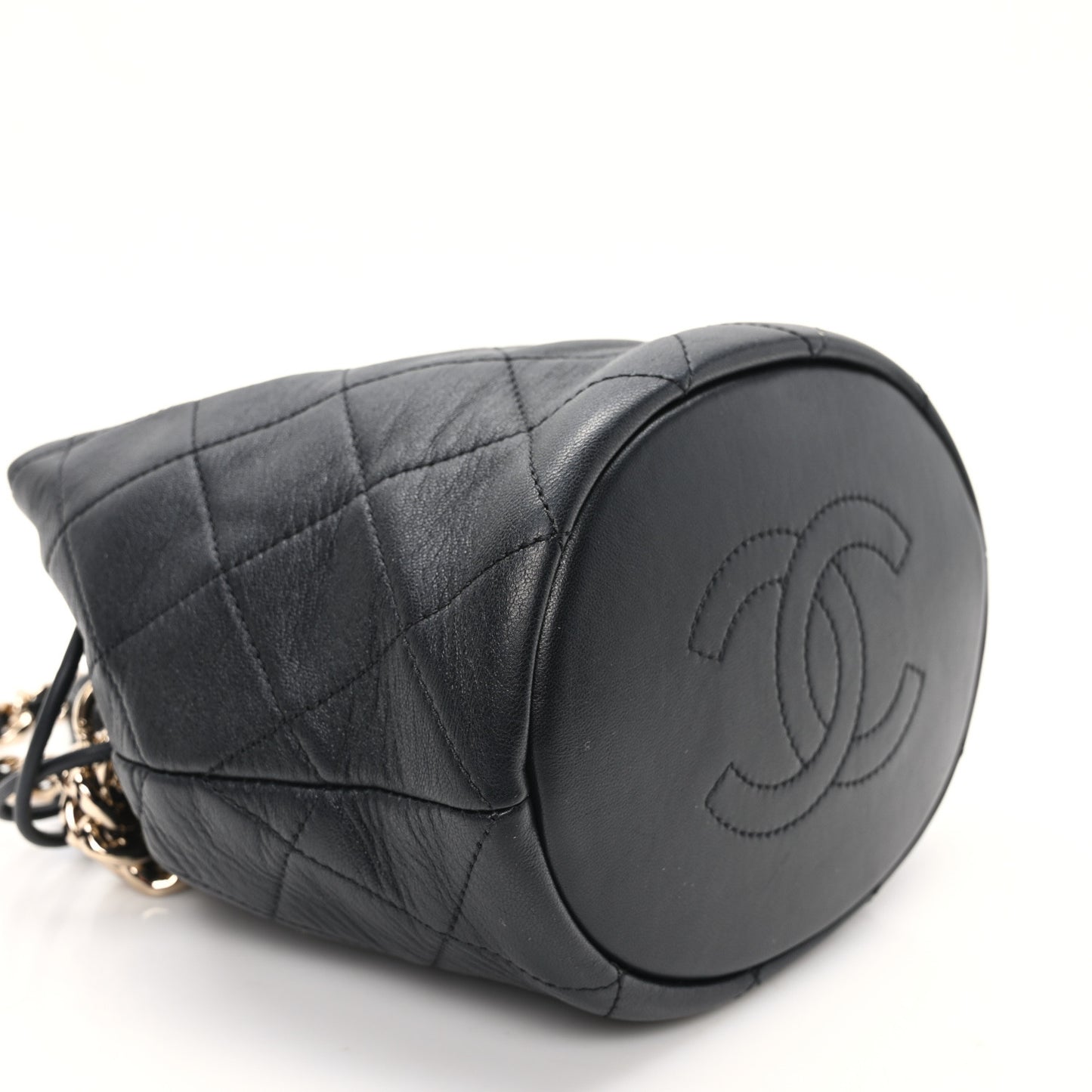 Shiny Lambskin Quilted Chain Is More Drawstring Bag Black