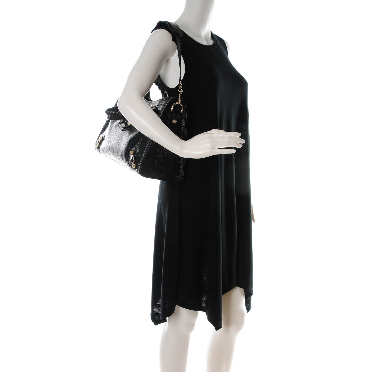 Calfskin Crocodile Embossed Giant 12 Gold Hardware City Black