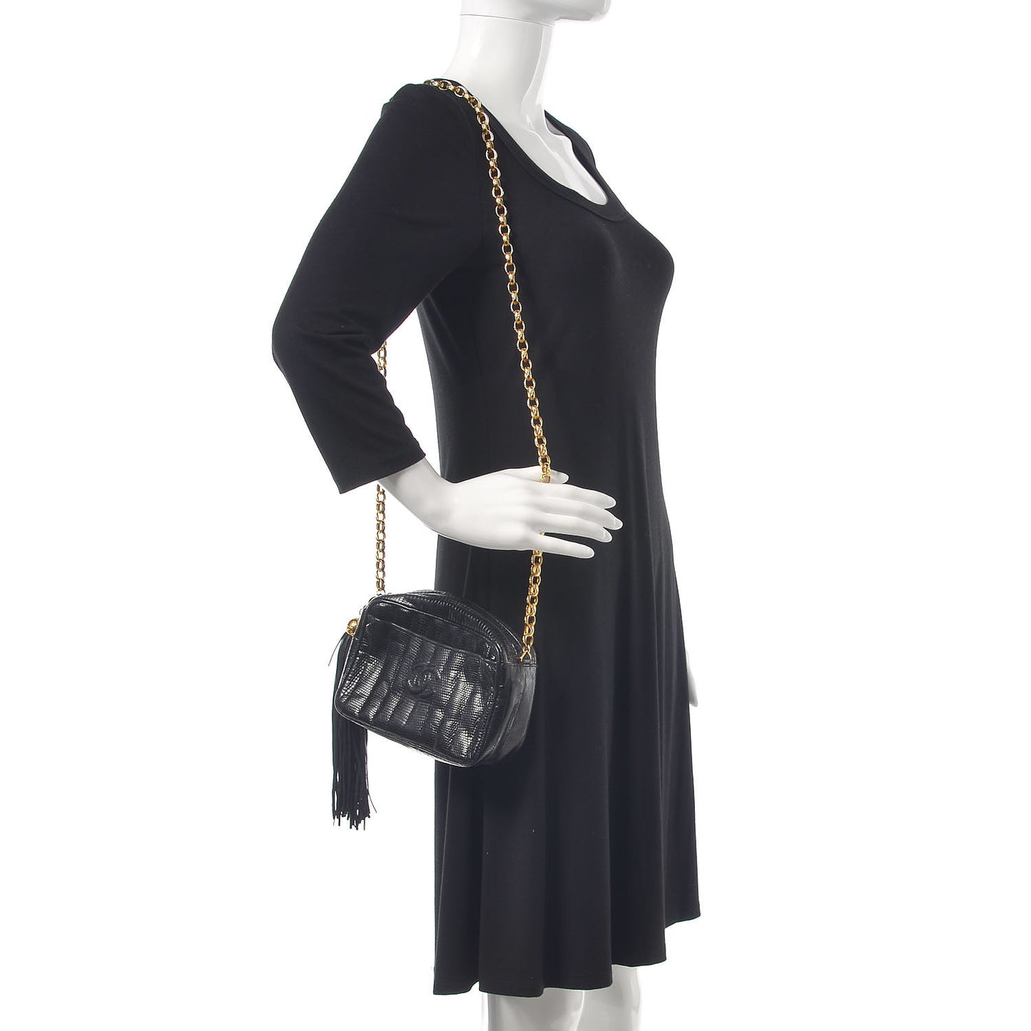 Lizard Quilted Small Tassel Camera Case Black