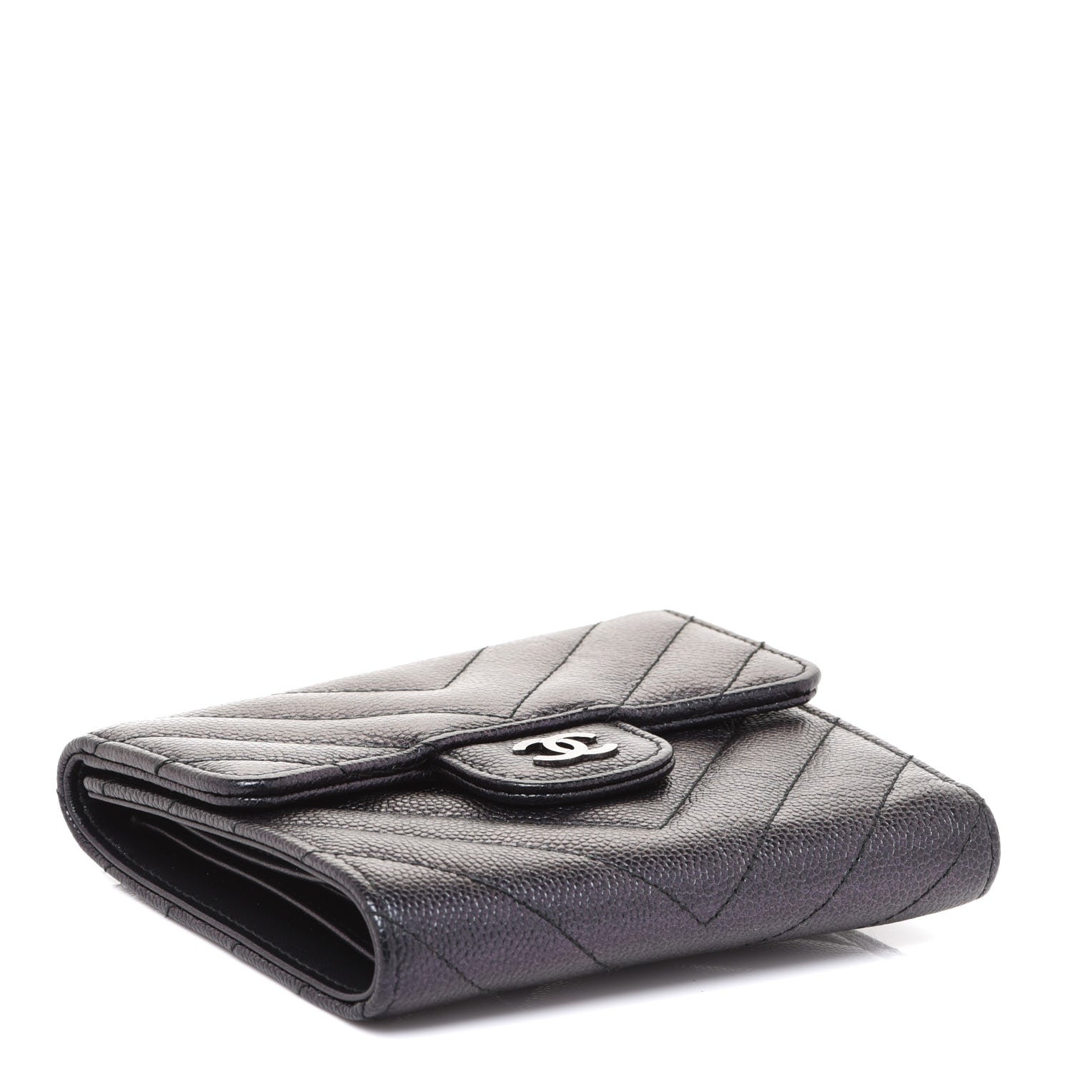 Chanel Iridescent Caviar Chevron Quilted Compact Flap Wallet Black 4 of 10