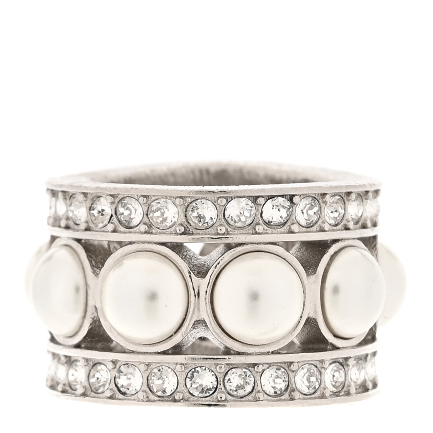 Chanel Pearl Crystal CC Ring 50 5.25 Silver 3 of 5