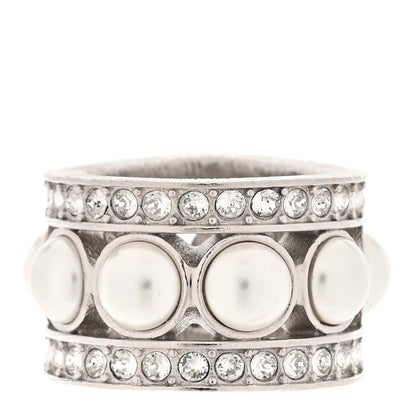 Chanel Pearl Crystal CC Ring 50 5.25 Silver 3 of 5