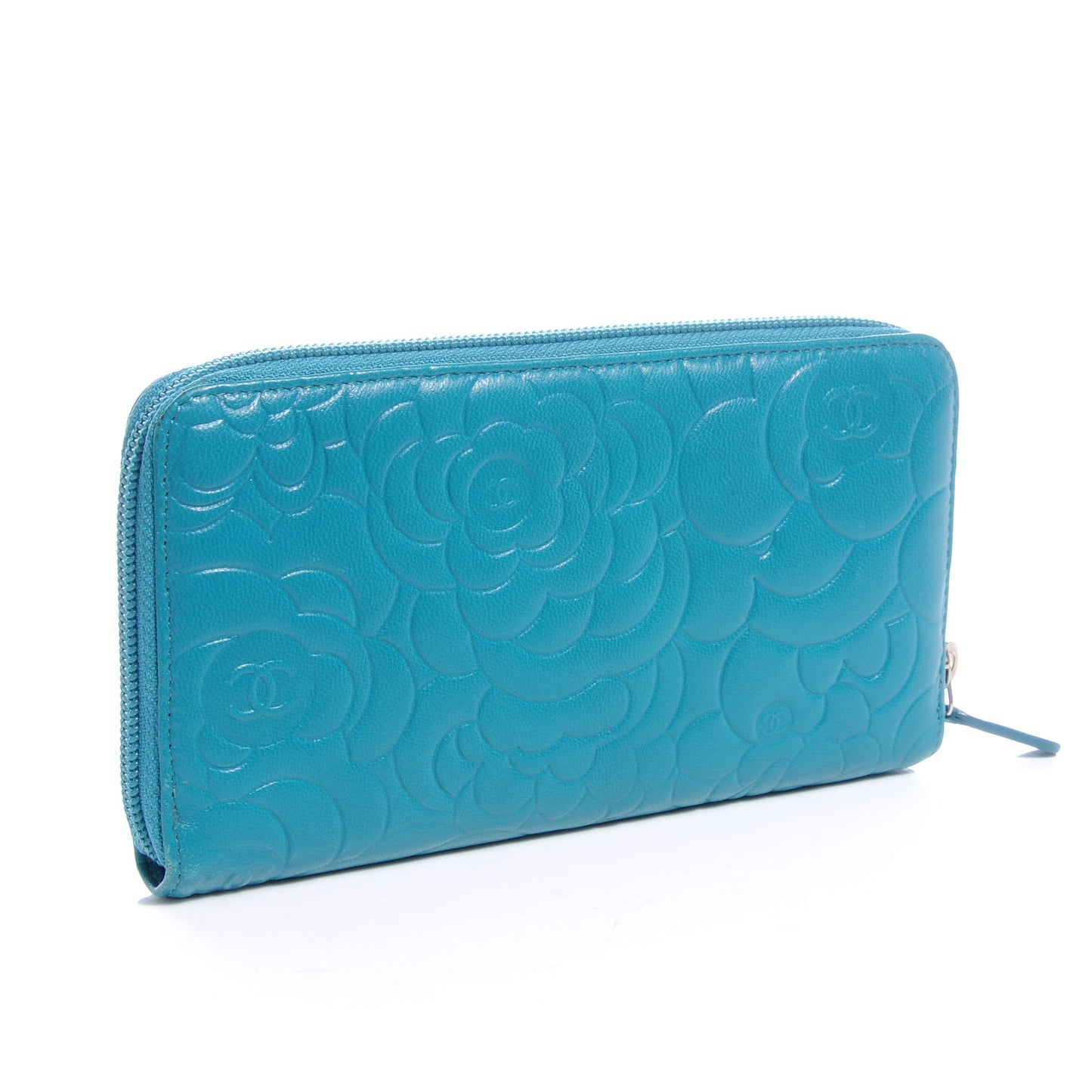 Lambskin Camellia Embossed Large Zip Wallet Turquoise